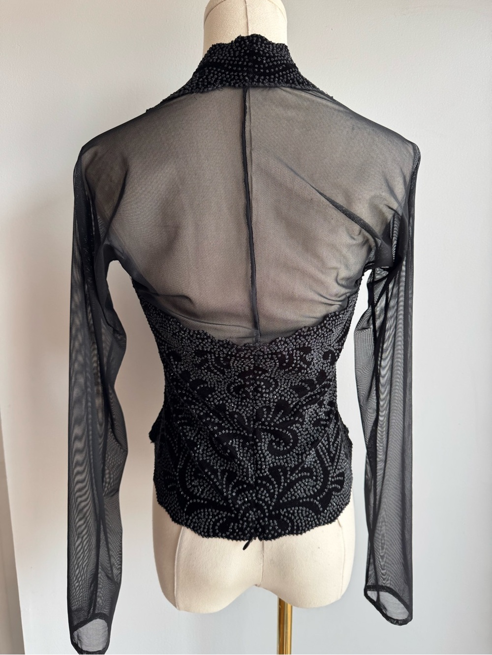 Vintage Y2K Glitter Party Top XS S Black Sheer Mesh Long Sleeve Gothic Glam Edgy - Picture 9 of 12